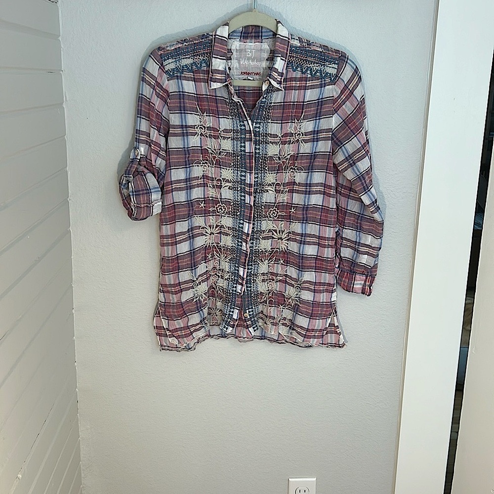Johnny Was Multicolor Plaid Embroidered Top